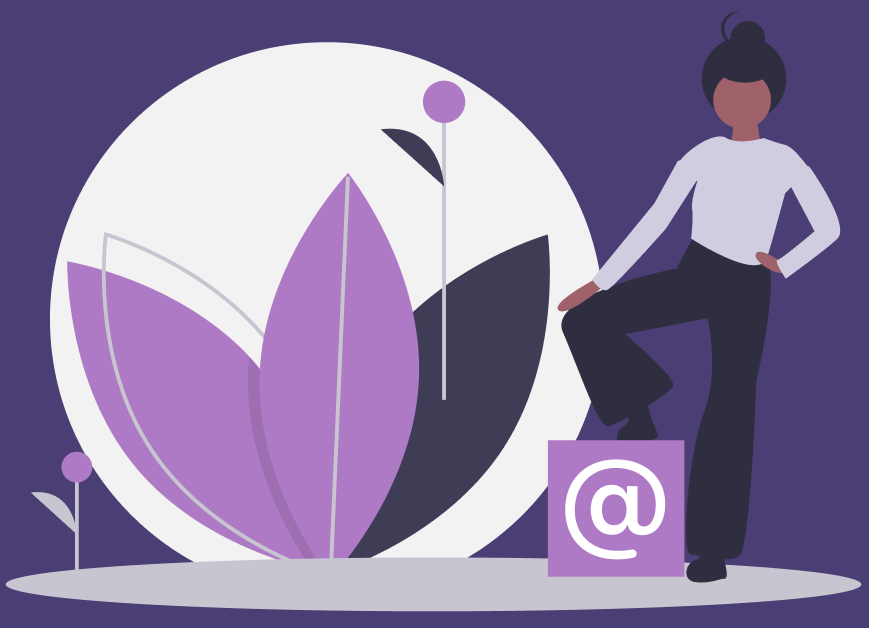 Illustration of a person standing confidently with one foot resting on a purple block displaying the @ symbol. Behind them, there are large stylized purple and black leaves and small plants on a dark purple background