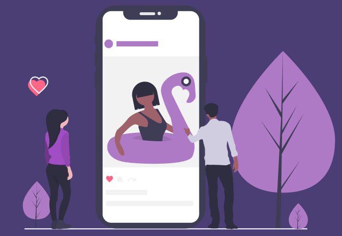Illustration of two people standing near a large smartphone screen displaying an image of a woman in a flamingo-shaped pool float. The background features purple trees and a heart icon, symbolizing social media engagement.